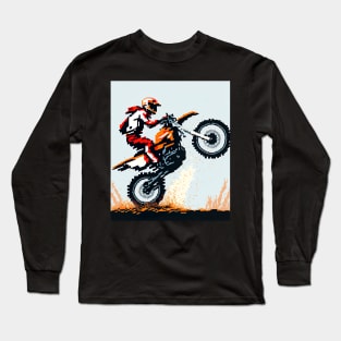 Dirt bike cool wheelie with pixel art style orange and tan Long Sleeve T-Shirt